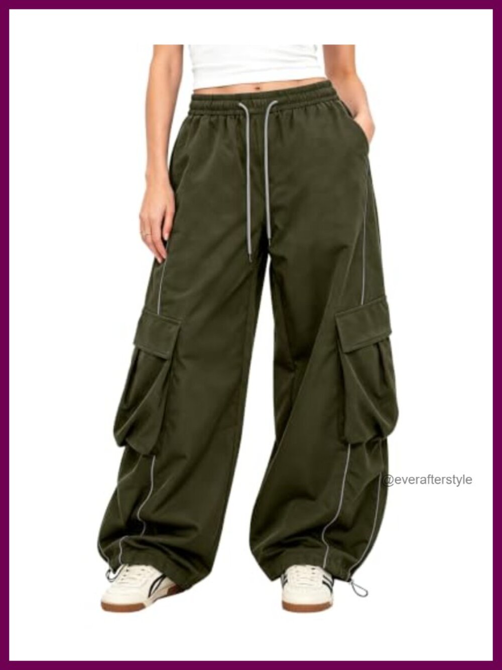 Women's Baggy Cargo Pants Barrel Wide Leg Elastic Drawstring Waist Adjustable